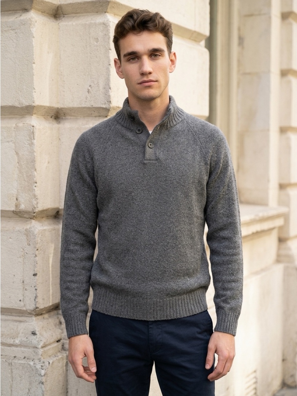 Bespoke Post Line of Trade Gray Button Mock Neck Sweater Small Cotton Pullover